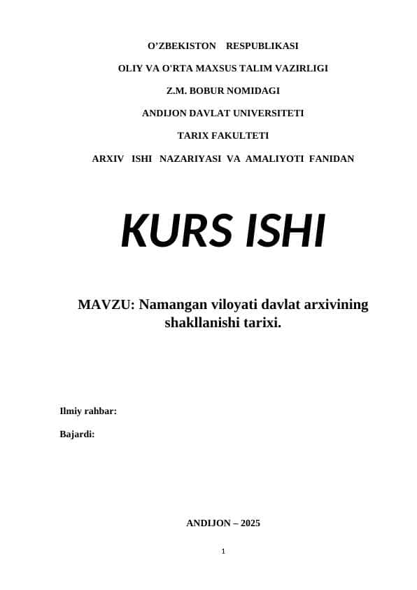 Namangan viloyati davlat arxivining shakllanishi tarixi