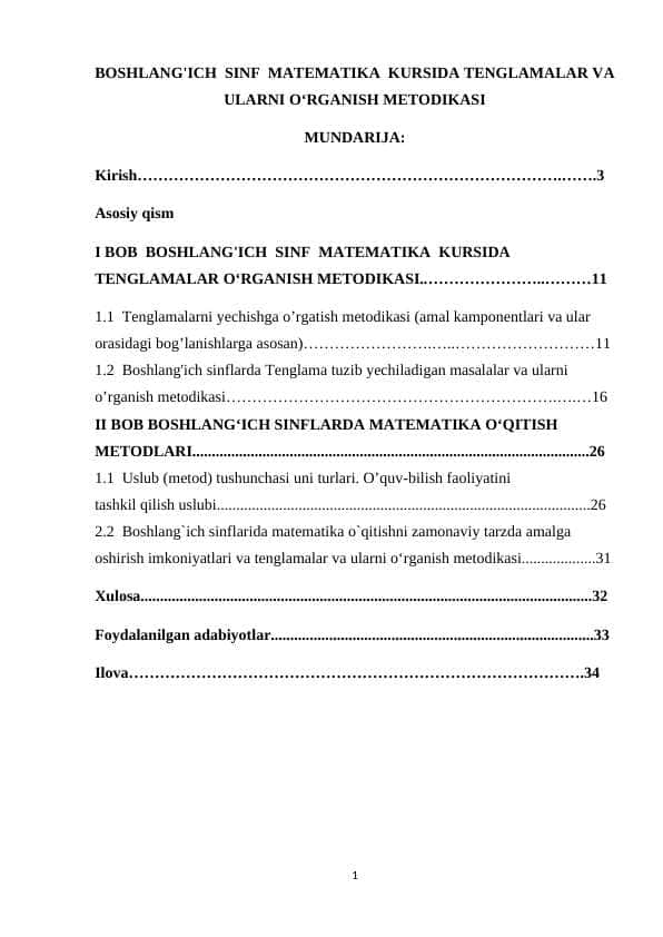 BOSHLANG'ICH SINF MATEMATIKA KURSIDA TENGLAMALAR VA ULARNI O‘RGANISH METODIKASI