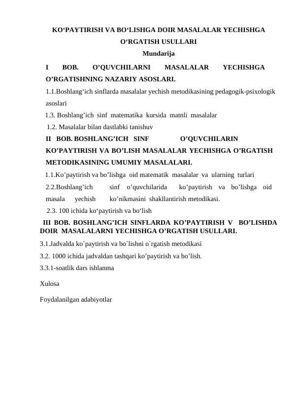 KOʻPAYTIRISH VA BOʻLISHGA DOIR MASALALAR YECHISHGA OʻRGATISH USULLARI