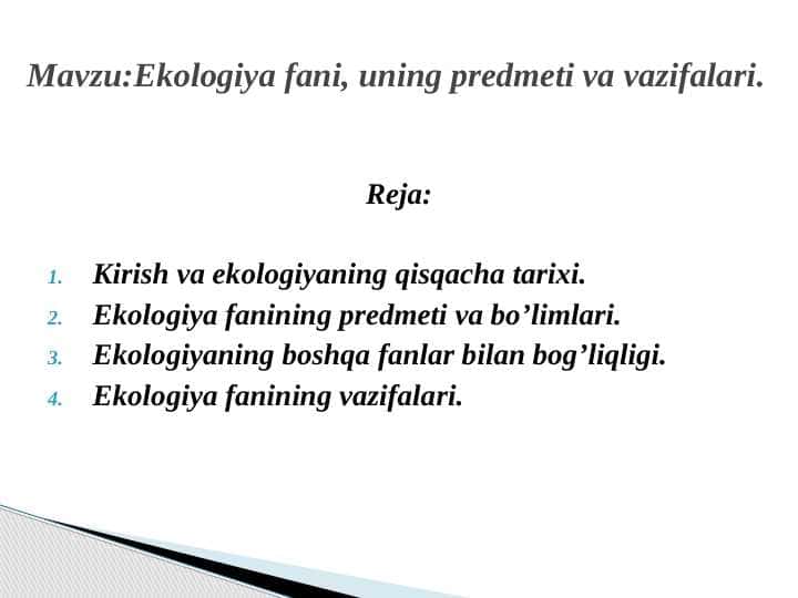 Ekologiya fani, uning predmeti va vazifalari