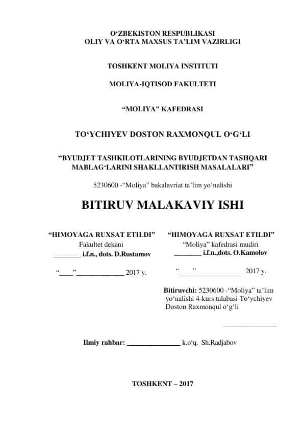 Byudjet tashkilotlarining byudjetdan tashqari mablag'lar hisobi Bitiruv malakaviy ishi pdf