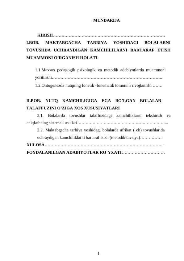 MAKTABGACHA TARBIYA YOSHIDAGI BOLALARNI TOVUSHDA UCHRAYDIGAN KAMCHILILARNI BARTARAF ETISH MUAMMONI O’RGANISH HOLATI