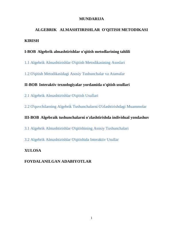 ALGEBRIK ALMASHTIRISHLAR O'QITISH METODIKASI