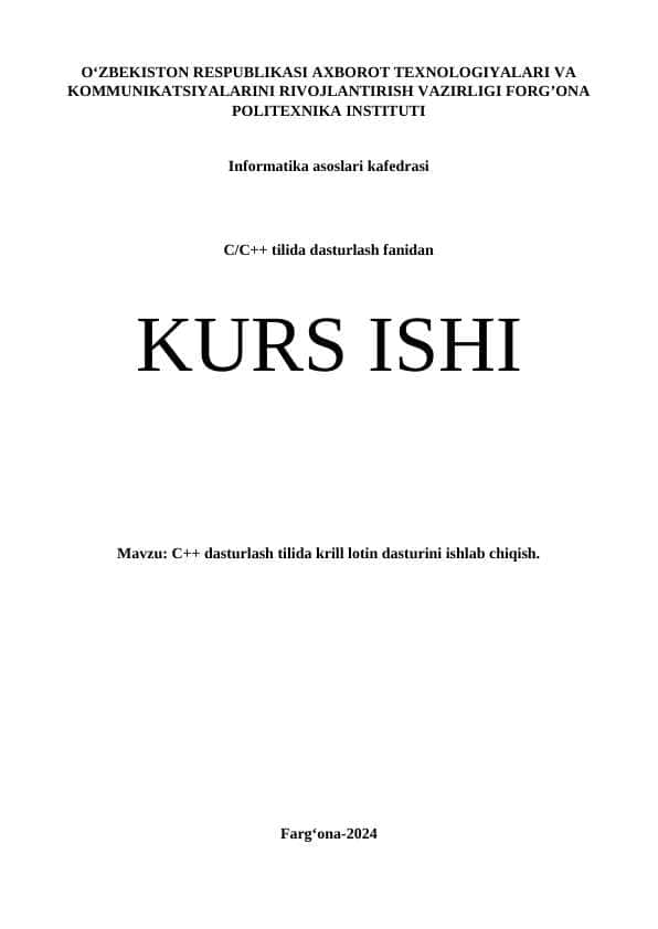 C++ dasturlash tilida krill lotin dasturini ishlab chiqish.