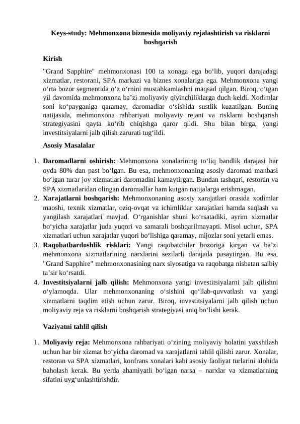 Mehmonxona biznesida moliyaviy rejalashtirish va risklarni boshqarish
