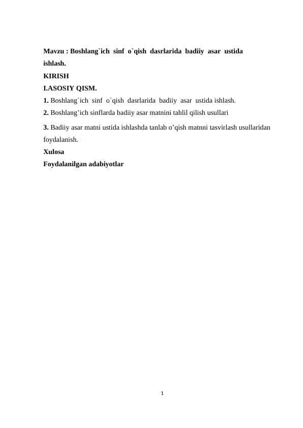 Boshlang`ich sinf o`qish dasrlarida badiiy asar ustida ishlash.