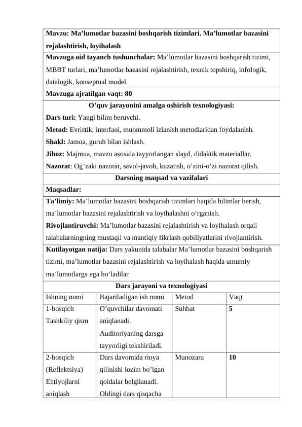 "Ma’lumotlar bazasini boshqarish tizimlari. Ma’lumotlar bazasini rejalashtirish, loyihalash" ma'ruza matni