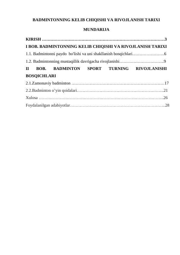 BADMINTONNING KELIB CHIQISHI VA RIVOJLANISH TARIXI