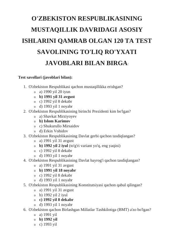 O'ZBEKISTON RESPUBLIKASINING MUSTAQILLIK DAVRIDAGI ASOSIY ISHLARINI QAMRAB OLGAN 120 TA TEST