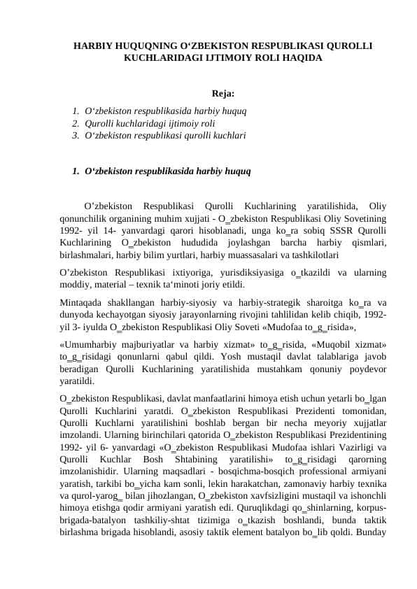 HARBIY HUQUQNING O‘ZBEKISTON RESPUBLIKASI QUROLLI KUCHLARIDAGI IJTIMOIY ROLI HAQIDA
