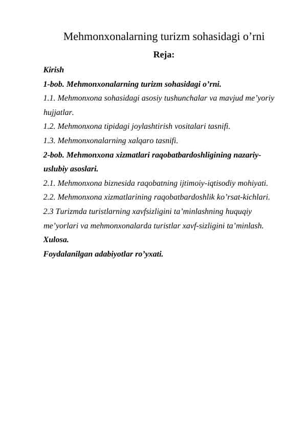 Меhmonxonalarning turizm sohasidagi o’rni