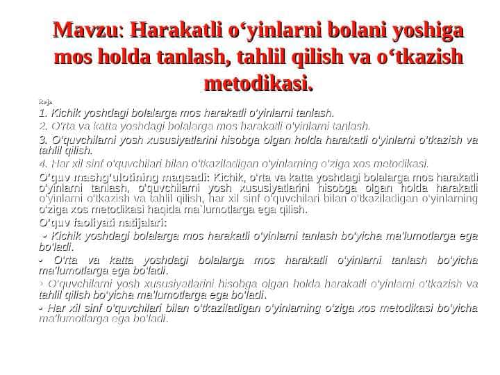 BOLALAR UCHUN HARAKATLI O'YINLAR ochiq dars