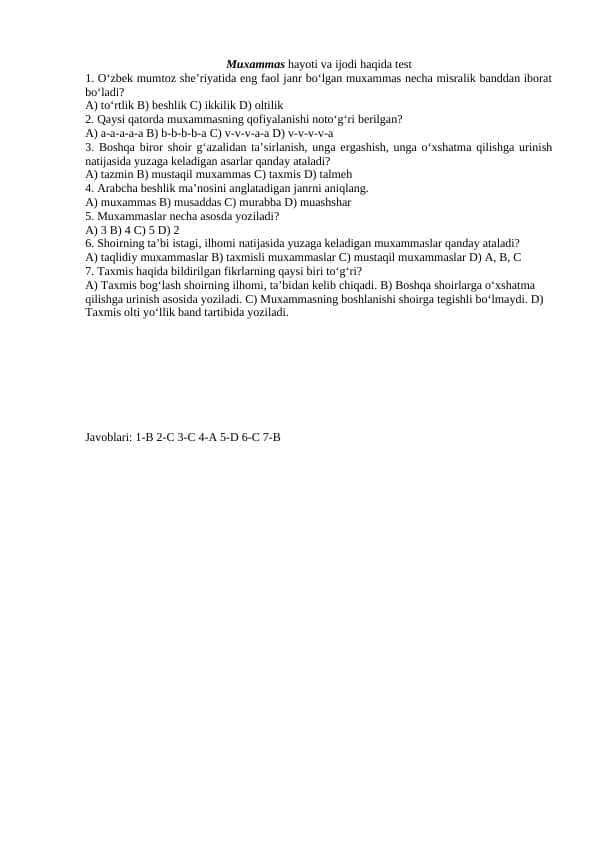 Muxammas hayoti va ijodi haqida testlar toʻplami javoblari bilan