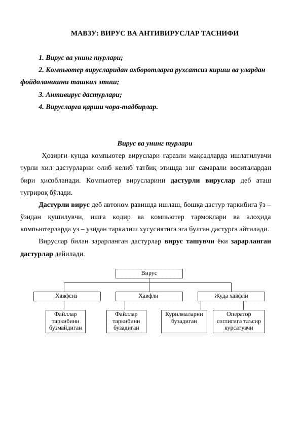 VIRUS VA ANTIVIRUSLAR TASNIFI