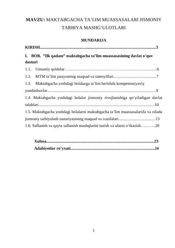 MAKTABGACHA TA’LIM MUASSASALARI JISMONIY TARBIYA MASHG’ULOTLARI