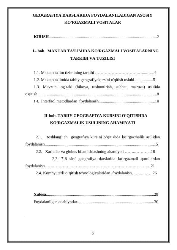 GEOGRAFIYA DARSLARIDA FOYDALANILADIGAN ASOSIY KO'RGAZMALI VOSITALAR
