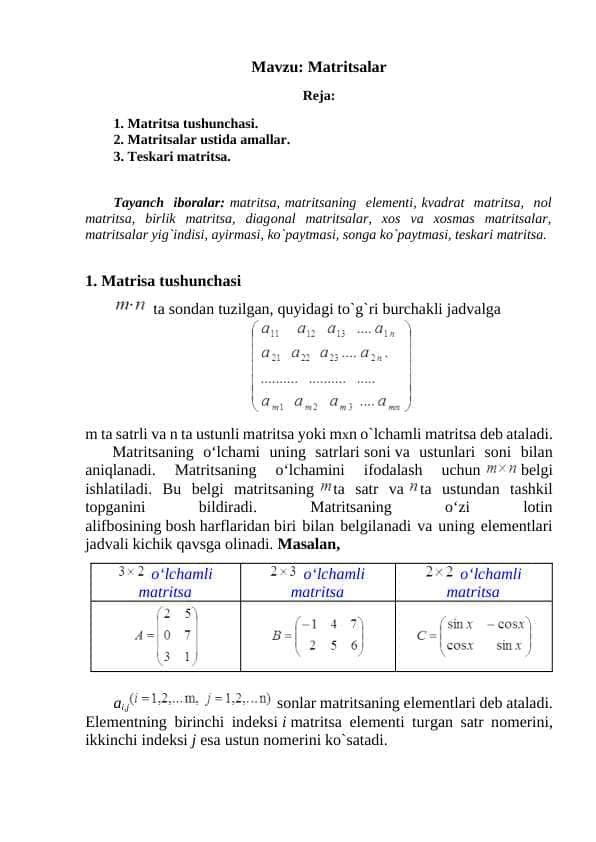 Matritsalar mavzusida mustaqil ish