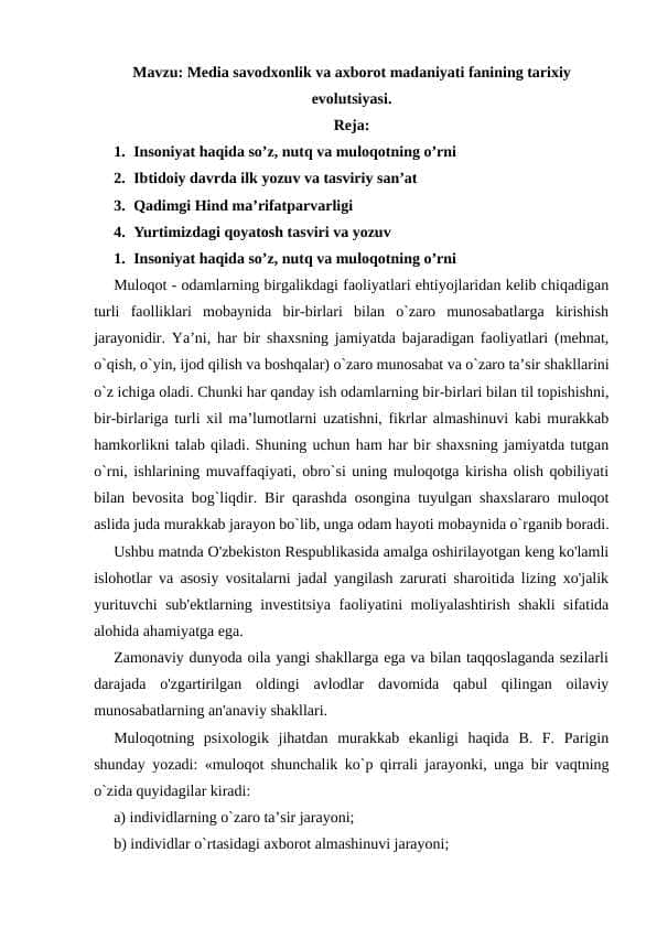 Qadimgi Sharq va G'arbda savodxonlik va axborot almashinuvi