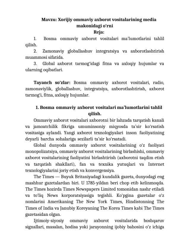 Xorijiy ommaviy axborot vositalarining media makonidagi o'rni