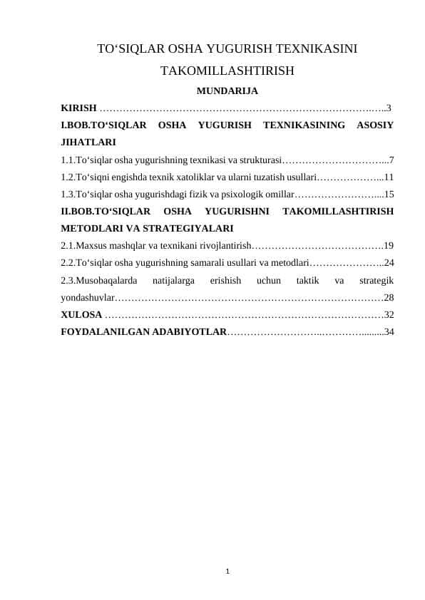 TO‘SIQLAR OSHA YUGURISH TEXNIKASINI TAKOMILLASHTIRISH