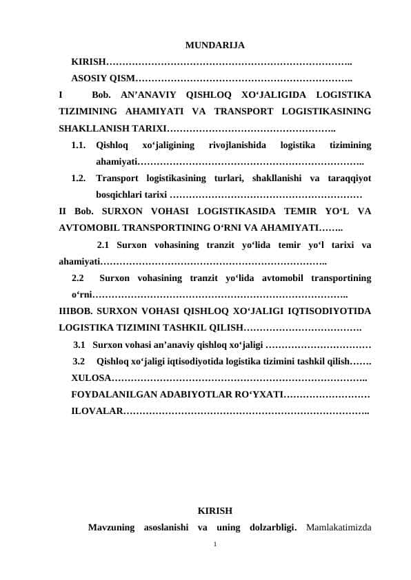 AN’ANAVIY QISHLOQ XO‘JALIGIDA LOGISTIKA TIZIMINING AHAMIYATI VA TRANSPORT LOGISTIKASINING SHAKLLANISH TARIXI