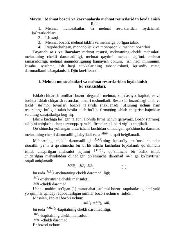 Mehnat bozori va korxonalarda mehnat resurslaridan foydalanish