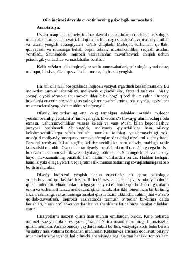 Oila inqirozi davrida er-xotinlarning psixologik munosabati