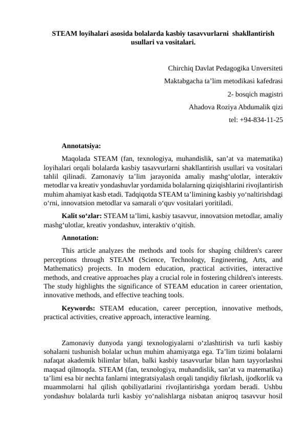 STEAM loyihalari asosida bolalarda kasbiy tasavvurlarni shakllantirish usullari va vositalari.