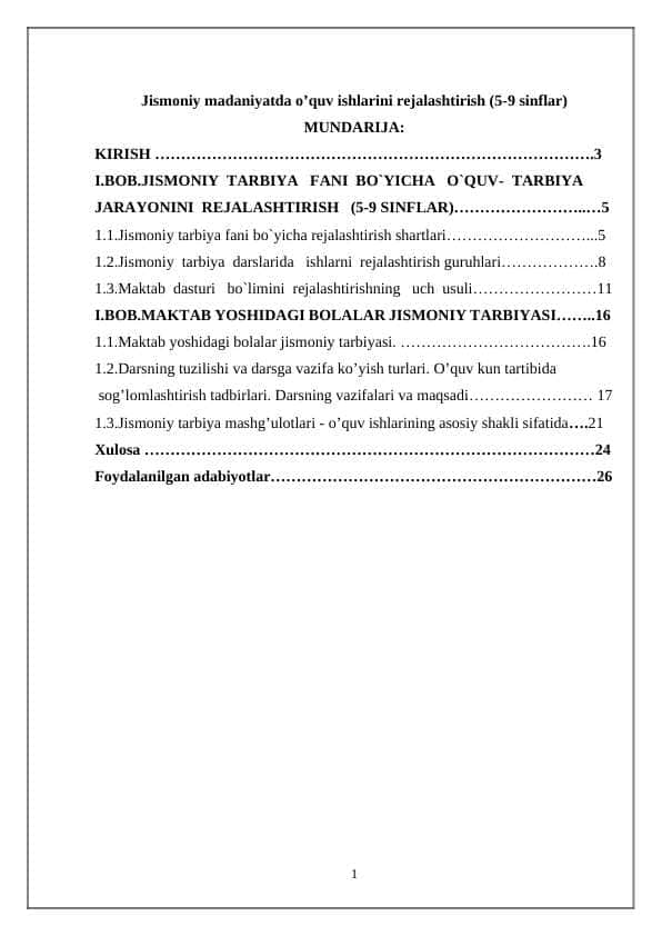 Jismoniy madaniyatda o’quv ishlarini rejalashtirish (5-9 sinflar)