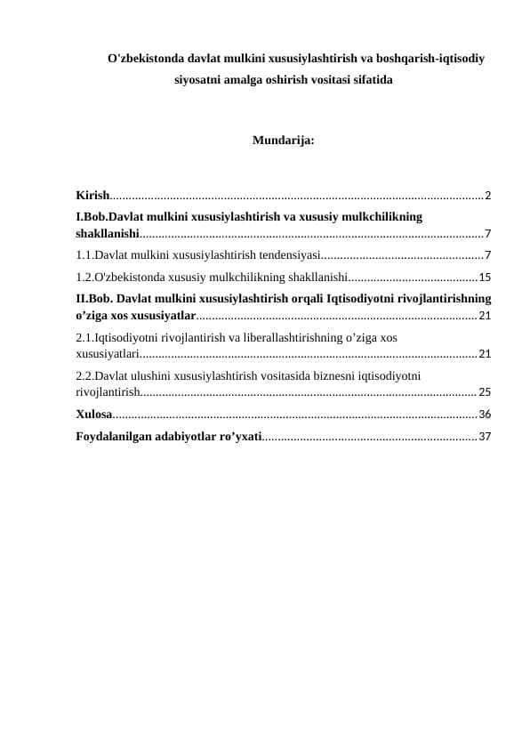 O'zbekistonda davlat mulkini xususiylashtirish va boshqarish-iqtisodiy siyosatni amalga oshirish vositasi sifatida