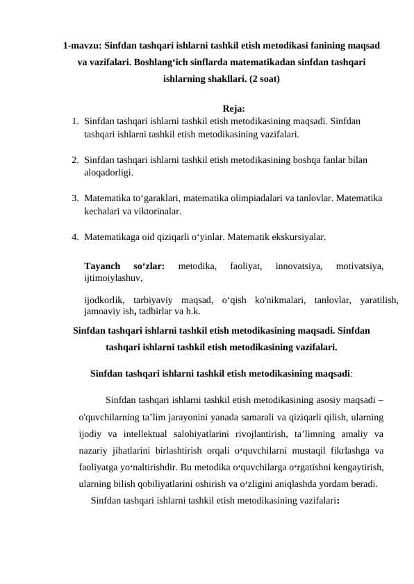 Sinfdan tashqari ishlarni tashkil etish metodikasi fanining maqsad va vazifalari