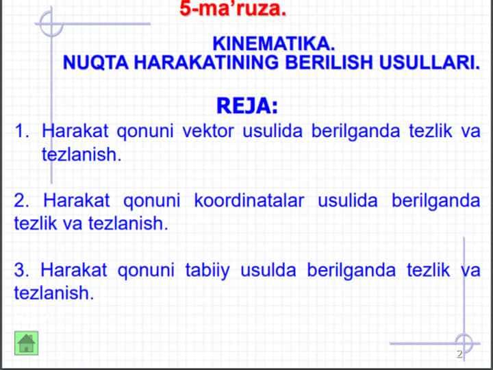 Nuqta kinomatikasi ,nuqtabharakati berilish usullari 1