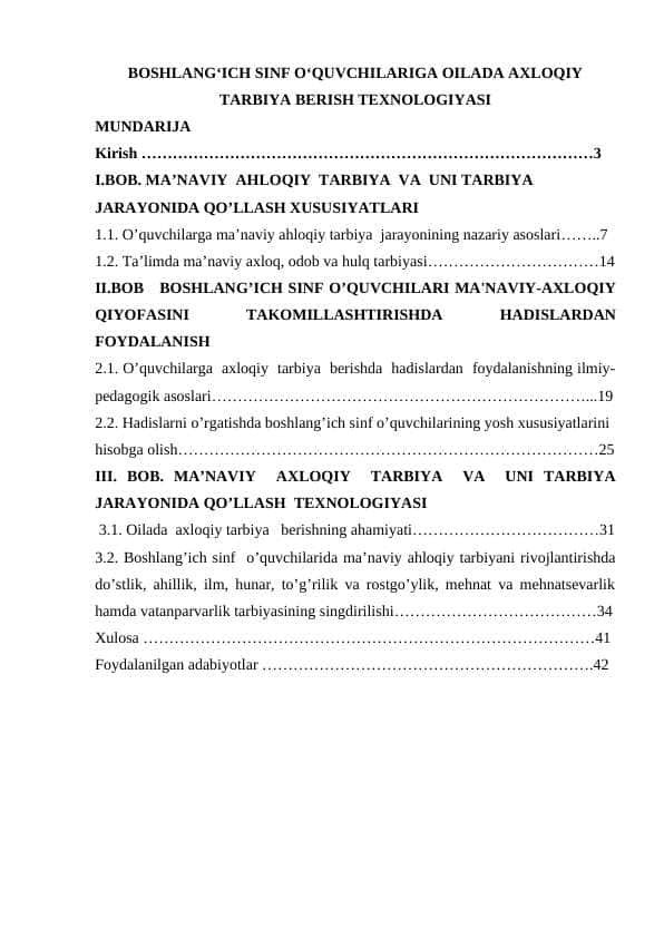 BOSHLANGʻICH SINF OʻQUVCHILARIGA OILADA AXLOQIY TARBIYA BERISH TEXNOLOGIYASI
