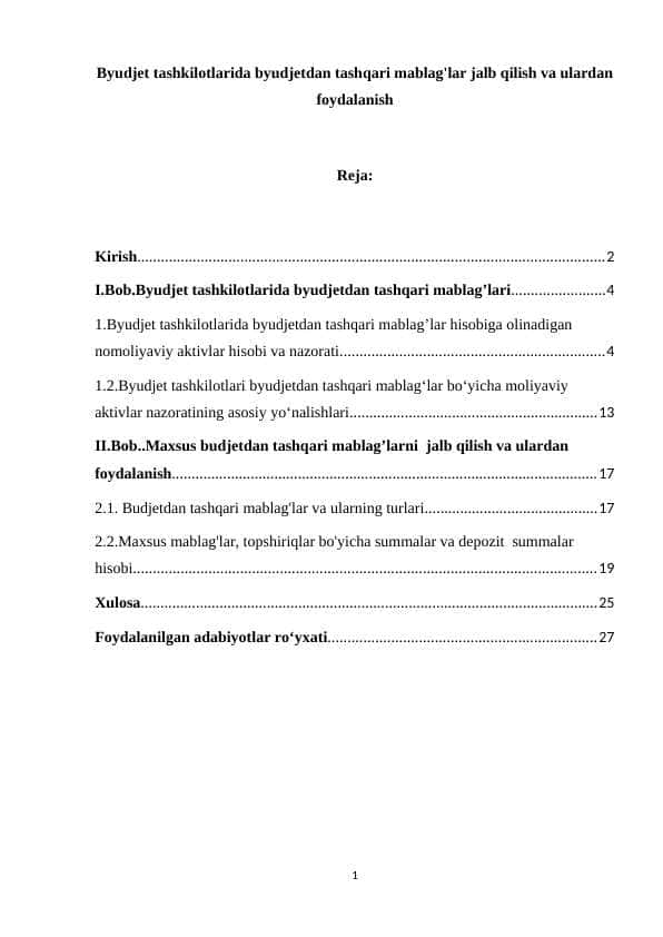Byudjet tashkilotlarida byudjetdan tashqari mablag'lar jalb qilish va ulardan foydalanish