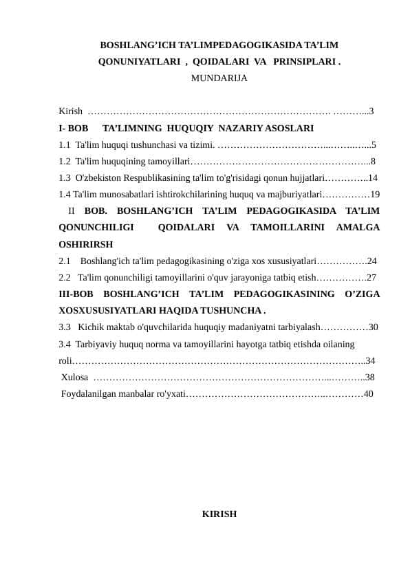 BOSHLANG’ICH TA’LIMPEDAGOGIKASIDA TA’LIM QONUNIYATLARI , QOIDALARI VA PRINSIPLARI