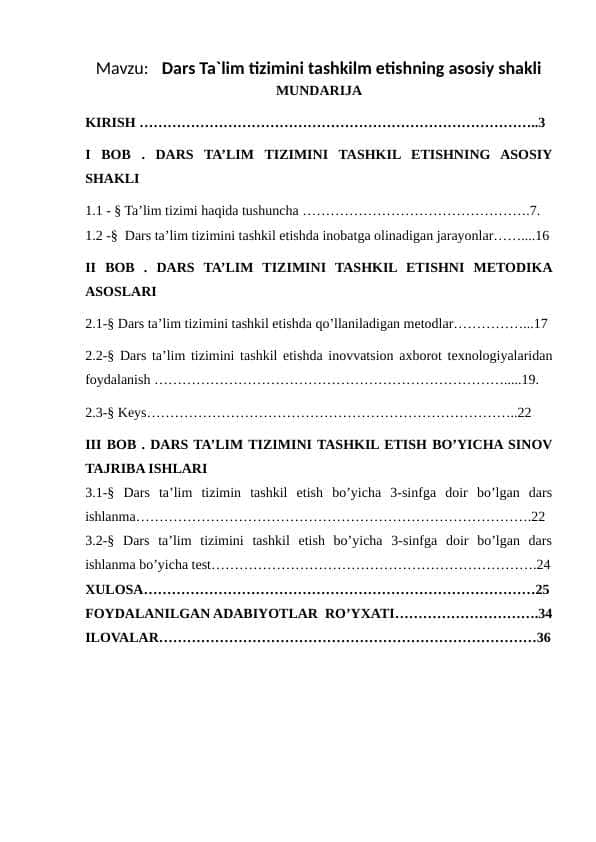 Dars Ta`lim tizimini tashkilm etishning asosiy shakli