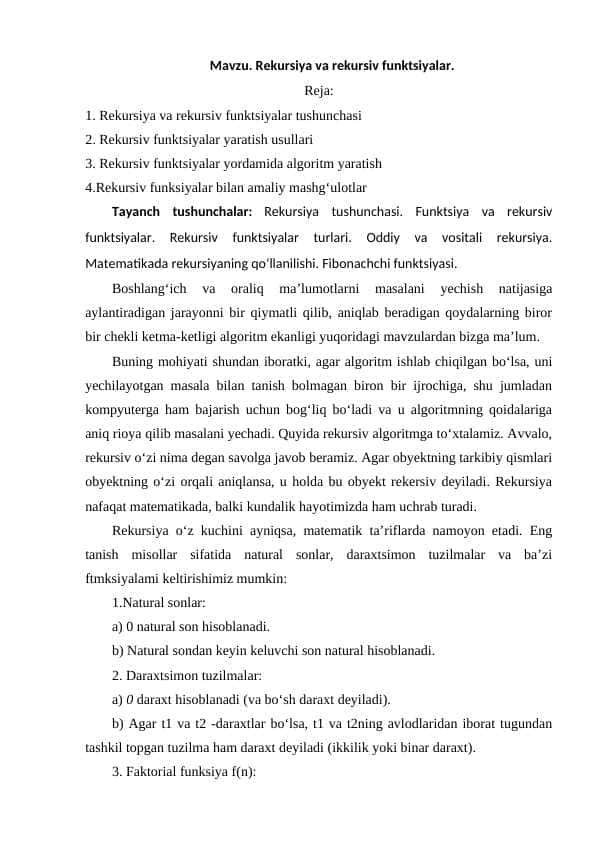 Rekursiyа vа rekursiv funktsiyаlаr