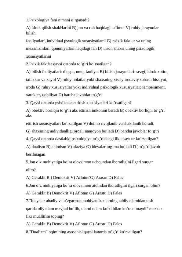 Umumiy psixologiya fanidan testlar to'plami 1