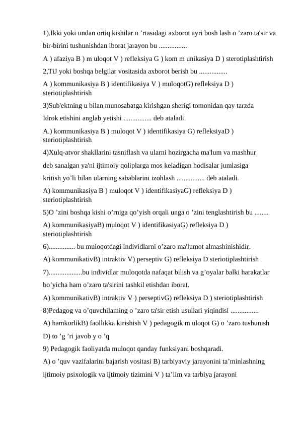 Umumiy psixologiya fanidan testlar to'plami 2