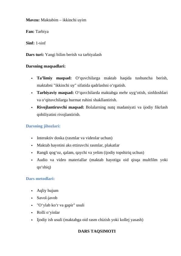 1-sinf tarbiya Maktabim – ikkinchi uyim dars ishlanma