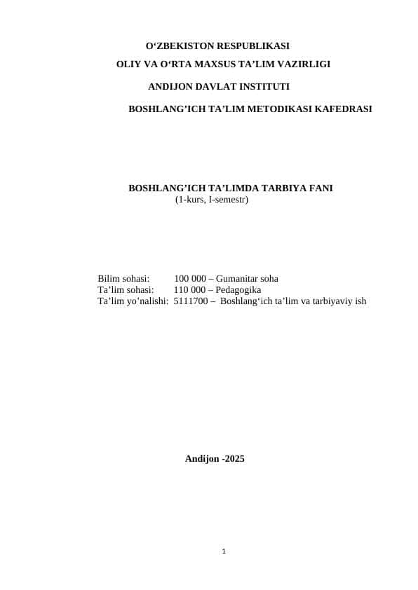 BOSHLANG’ICH TA’LIMDA TARBIYA FANI O'QUV MAJMUA MARUZALAR