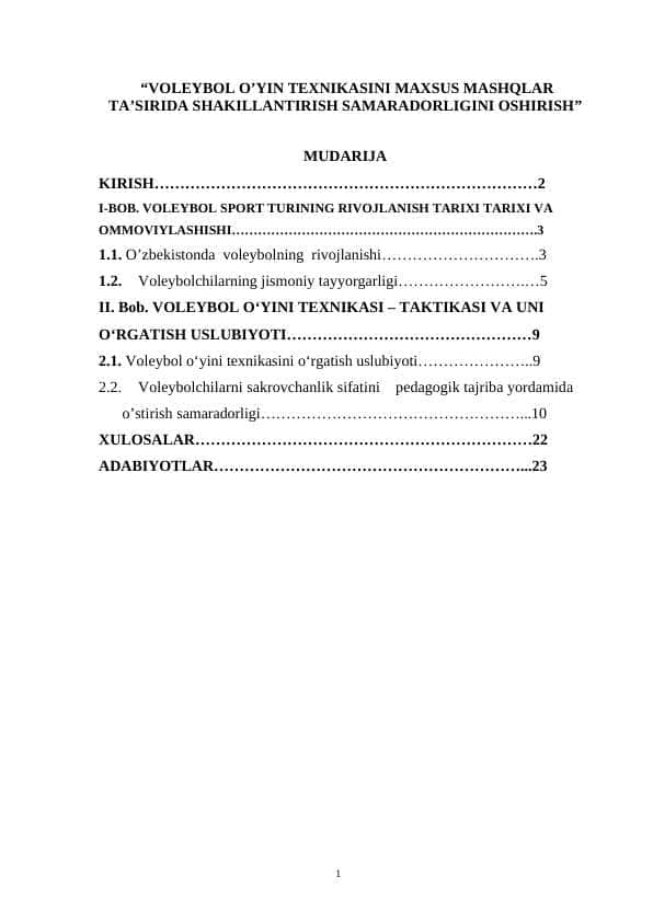 VOLEYBOL O’YIN TEXNIKASINI MAXSUS MASHQLAR TA’SIRIDA SHAKILLANTIRISH SAMARADORLIGINI OSHIRISH