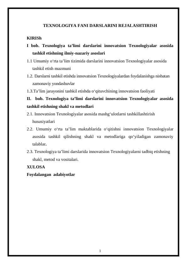 TEXNOLOGIYA FANI DARSLARINI REJALASHTIRISH HAQIDA