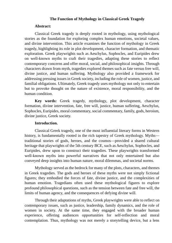 The Function of Mythology in Classical Greek Tragedy