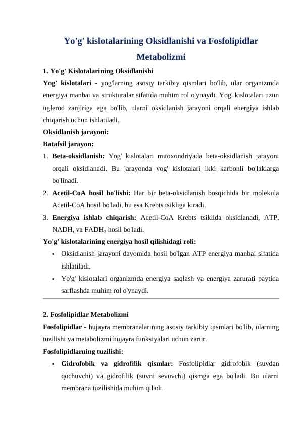Yo’g kislotalarining oksidlanishi. Fosfolipidlar metabolizimi
