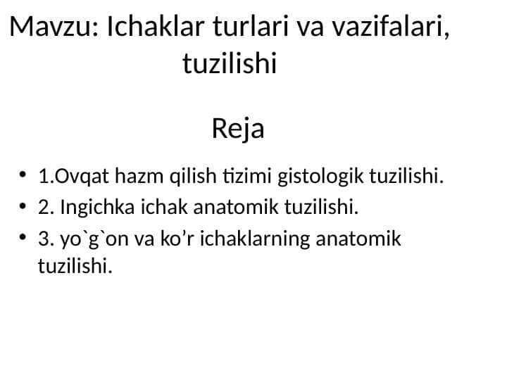 Ichaklar turlari va vazifalari, tuzilishi