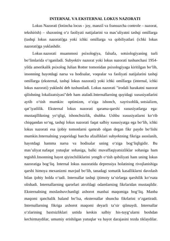 INTERNAL VA EKSTERNAL LOKUS NAZORATI