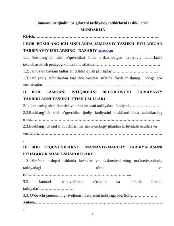 Jamoani istiqbolini belgilovchi tarbiyaviy tadbirlarni tashkil etish