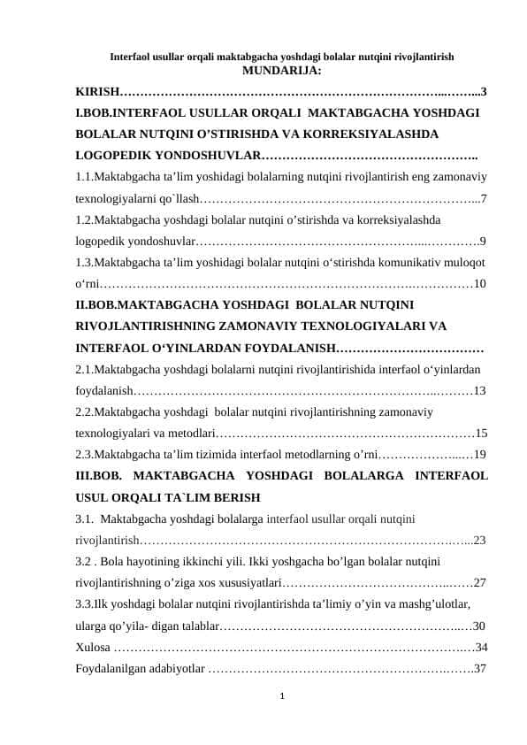 Interfaol usullar orqali maktabgacha yoshdagi bolalar nutqini rivojlantirish