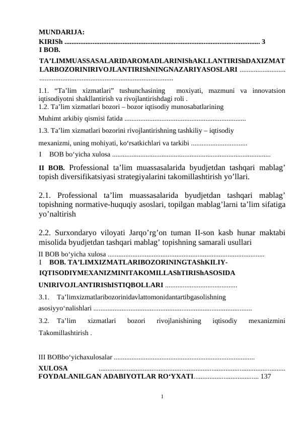 Ta’lim muassasalari daromadlari diversifikatsiyasi strategiyalarini takomillashtirish yo’llari